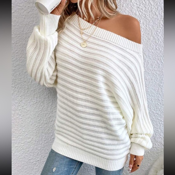 Boho cream off shoulder batwing sleeve sweater top - Picture 4 of 7